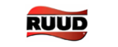 Logo featuring the word "RUUD" in bold black text with a white outline, set on a red, wavy background.