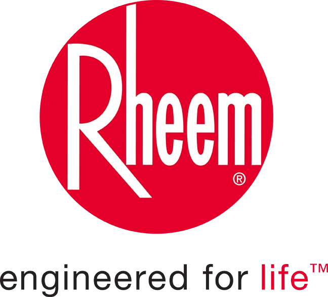 Rheem logo featuring the word "Rheem" in white text on a red oval background with a registered trademark symbol.