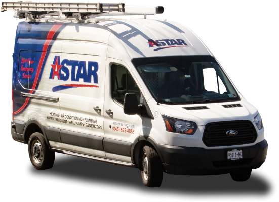 The sleek white AStar service van, adorned with striking red and blue graphics, features a roof ladder and prominently displays contact information for heating, air conditioning, plumbing, and other essential services.