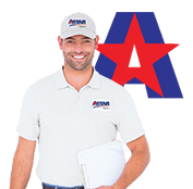 Man in a white uniform and cap with a logo, holding documents, standing in front of a large red star and blue "A" logo.