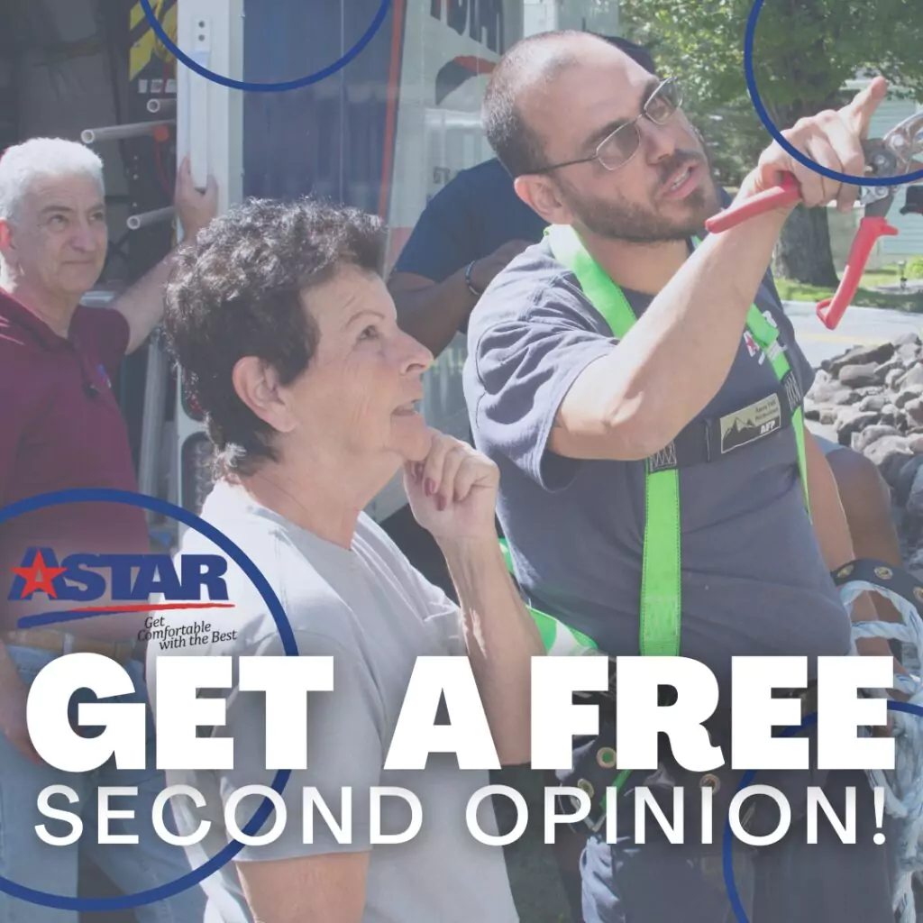 Technician discussing with a woman outdoors, pointing at something. The text reads "Get a Free Second Opinion" with the company logo "STAR" visible.