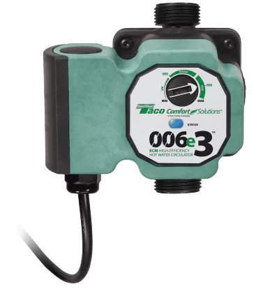 Green and black Taco Comfort Solutions 006e3 ECM hot water circulator with dial and attached power cord.