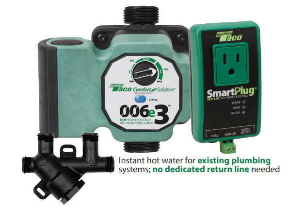 Green Taco hot water recirculation pump and control device with text highlighting its use in existing plumbing without a dedicated return line.