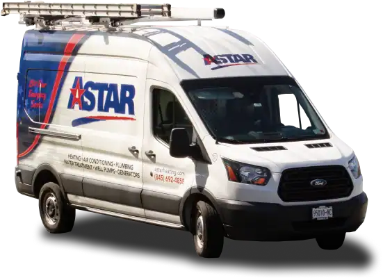 A white Astar service van with a roof ladder and company branding, offering heating, air conditioning, and plumbing services.