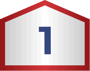 A blue number 1 centered on a white background with a red border shaped like a house roof.