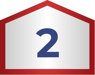 A blue number 2 is centered on a white background, which is outlined by a red pentagon shape with the point at the top.