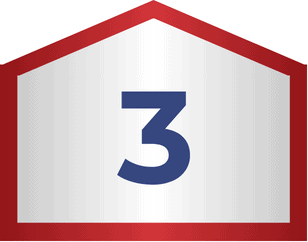 A blue number 3 centered on a white background with a red pentagon-shaped border.