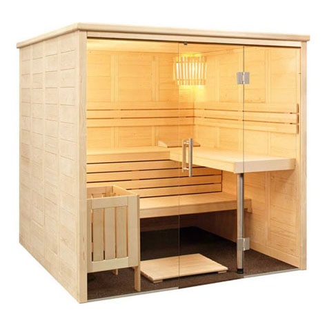 Sauna compatta con design moderno e pannelli in legno chiaro, dotata di pareti in vetro trasparente per una vista panoramica e un'atmosfera luminosa, ideale per piccoli ambienti domestici.