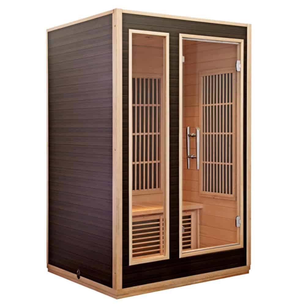 Cabina a infrarossi Radiant 2 in legno con irradiatori Full Spectrum per un benessere ottimale a casa.
