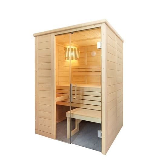 Riservata sauna in Legno, sauna finlandese con portas in vetro temperato e interni in pino naturale, ideale per wellness e relax.