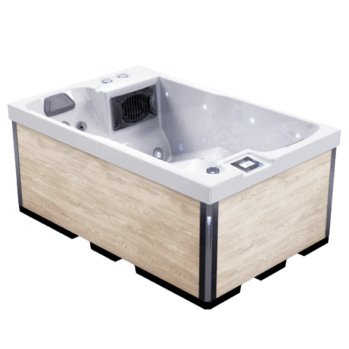 Piscina idromassaggio da esterno, con sistema di idromassaggio e luci LED, ideale per il benessere e il relax all'aperto.