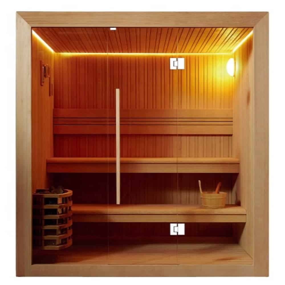 Cabina finlandese in legno, ambiente caldo e rilassante con luci soffuse, ideale per il benessere e il relax in casa.