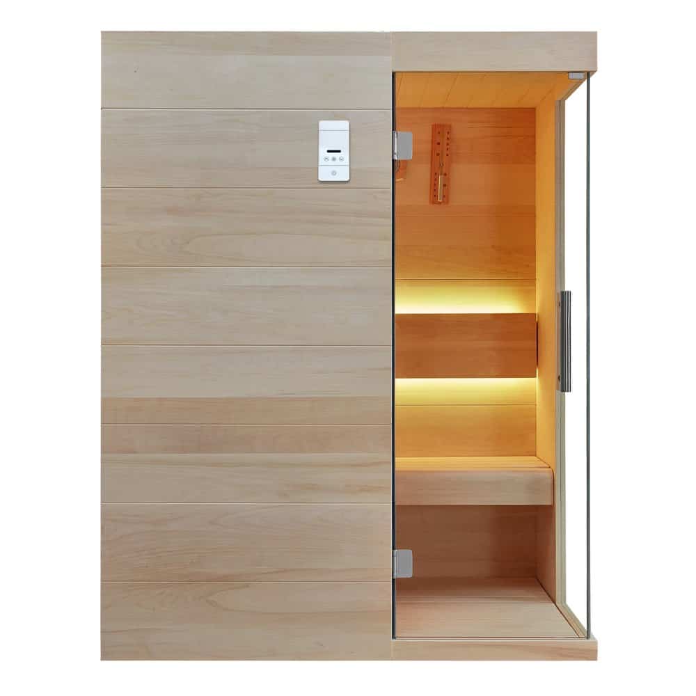Armadio sauna in legno con porta in vetro, interno caldo e accogliente, ideale per relax e benessere domestico. Perfetto complemento per aree wellness e spa private o pubbliche.