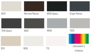 Colori vari, ideale per rivestimenti di piscine e aree wellness, tra cui tonalità neutre e scure come marrone, grigio e nero, per un effetto elegante e contemporaneo.