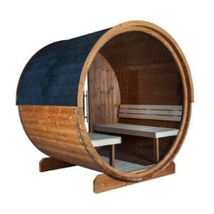 Accappatoio in stile sauna in legno con seduta, ideale per relax e wellness.