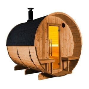 Sauna in legno, struttura rotonda, con porta vetrata e panca interna, ideale per relax e benessere.