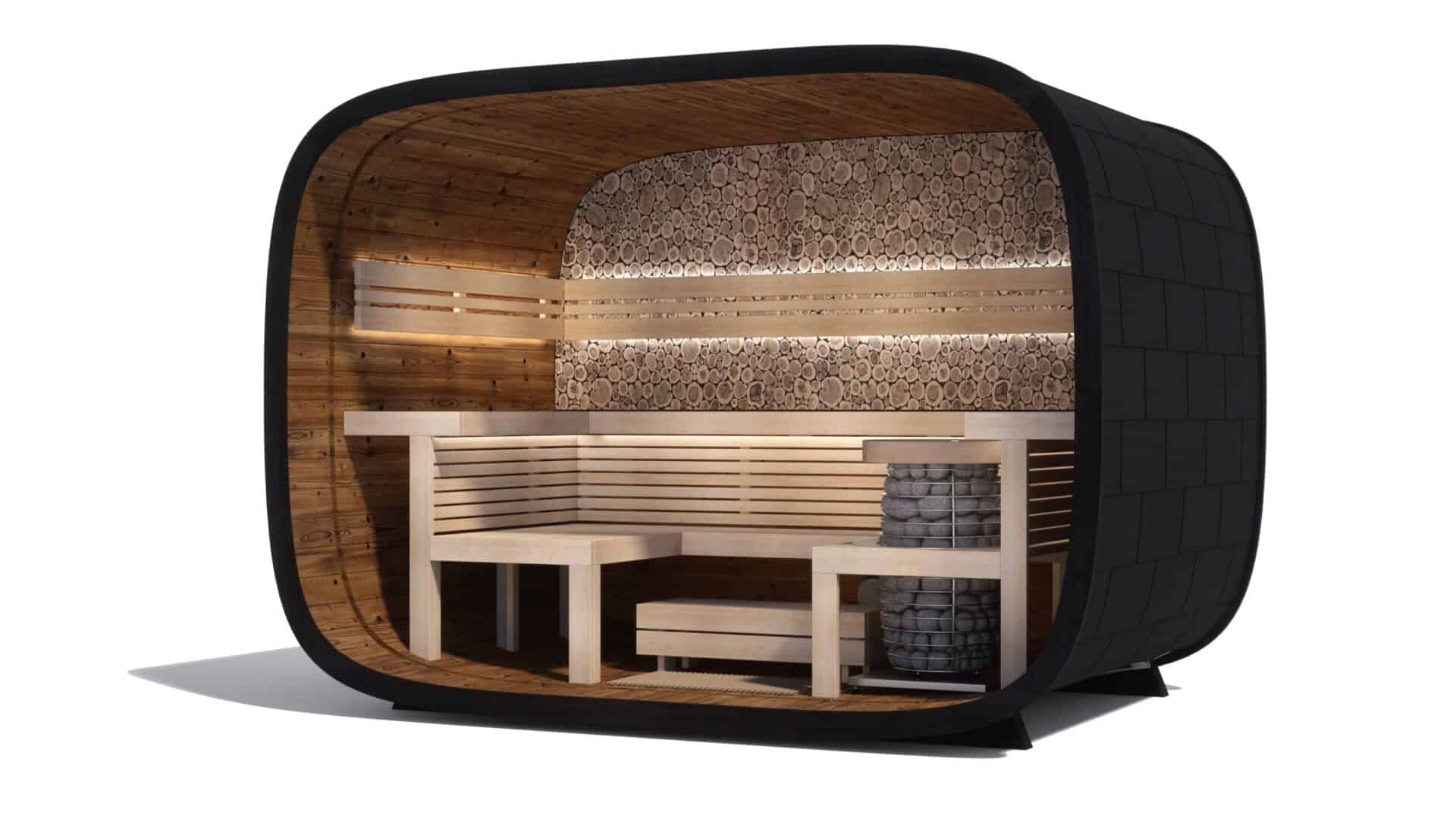 Relaxation sauna in stile moderno, interna con rivestimenti in legno naturale e pareti decorate con cordami di legno, parte superiore arrotolata in stile naturale.