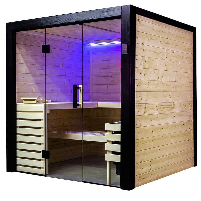 Sauna in legno con pannelli in vetro, illuminazione blu, ambiente interno riscaldato, ideale per il benessere e il relax.