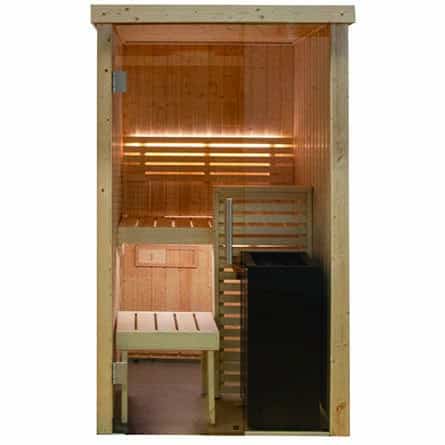 Una cabina sauna in legno, ideale per il benessere e il relax.