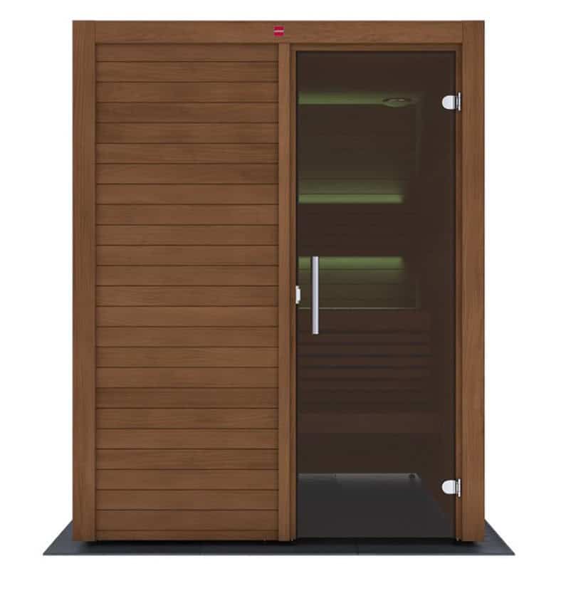 Legno e vetro sauna con porta in vetro fumé, stile moderno.
