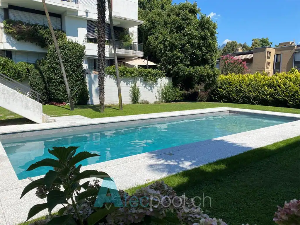 Piscina interrata a sfioro in un ambiente di giardino con piante e alberi, contesto residenziale moderna.