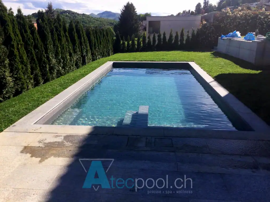 Piscina interrata in giardino con bordo in pietra, circondata da un prato verde e siepi alte.