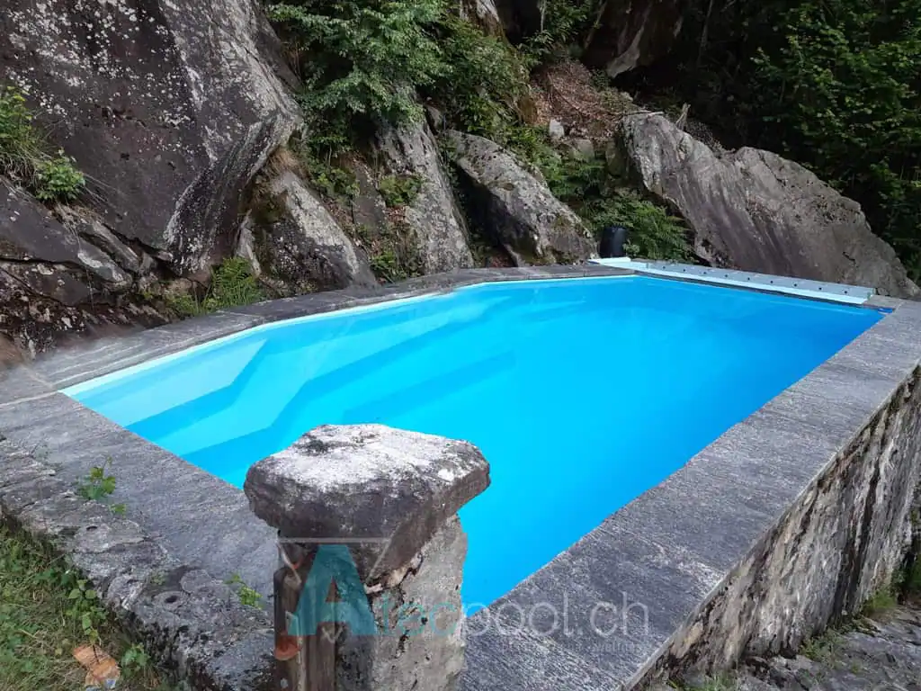 Piscina interrata a sfioro in stile naturale immersa in un contesto boscoso. La struttura è circondata da pietre e natura, ideale per un relax unico in mezzo alla natura.