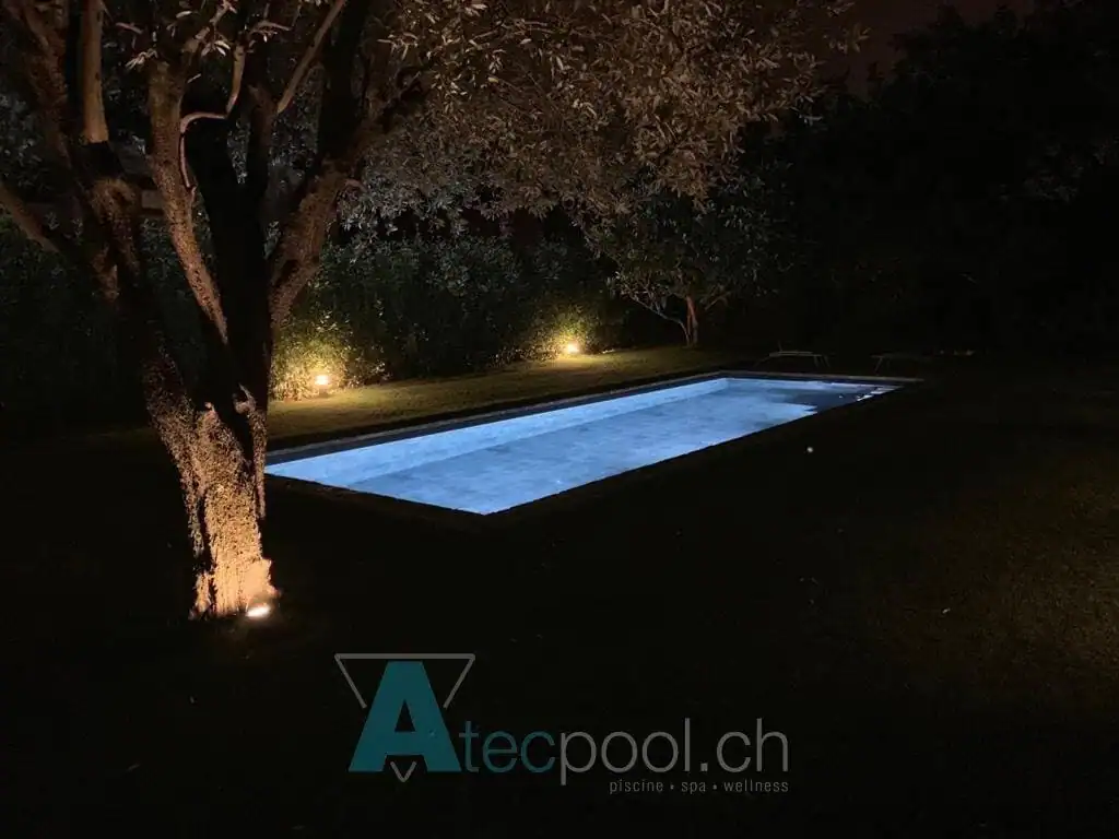 Piscina interrata illuminata di notte, ambientata tra gli alberi con luci sottili sul prato.
