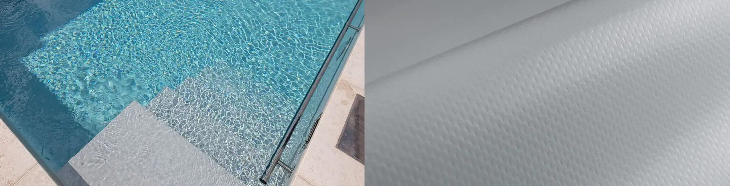 Piscina interrata con gradini e rivestimento in PVC armato grigio chiaro, elegante e luminoso