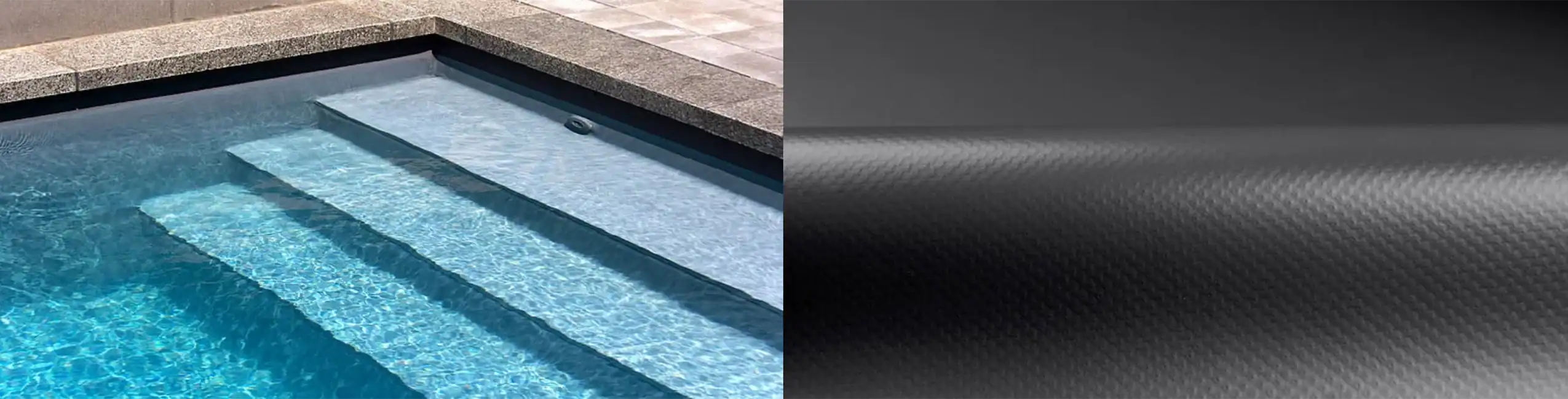Piscina interrata con gradini e rivestimento in PVC armato grigio scuro, elegante e resistente