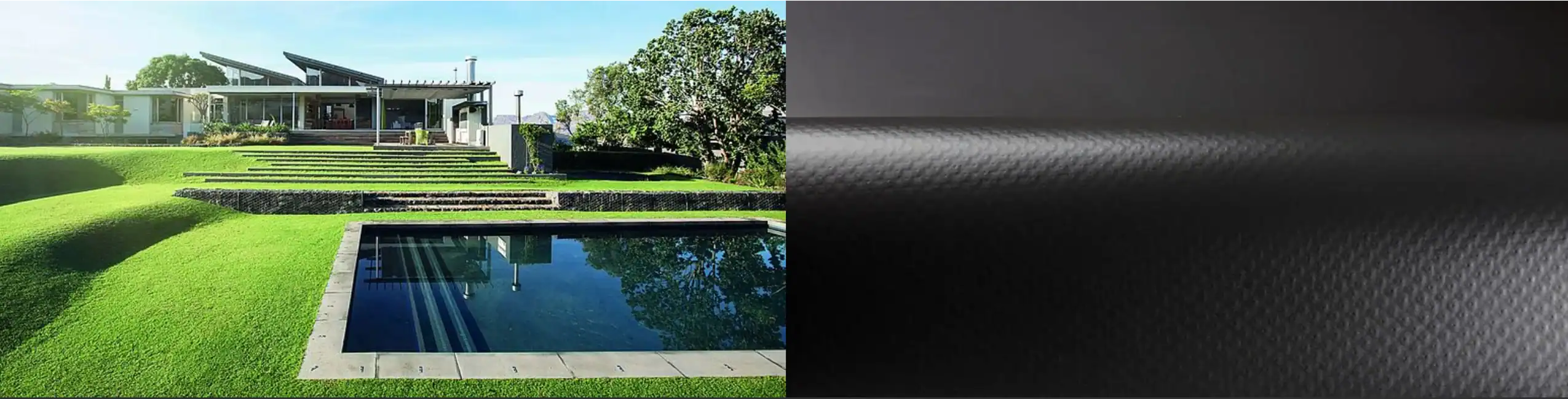 Piscina interrata moderna con rivestimento in PVC armato nero, design elegante integrato in giardino