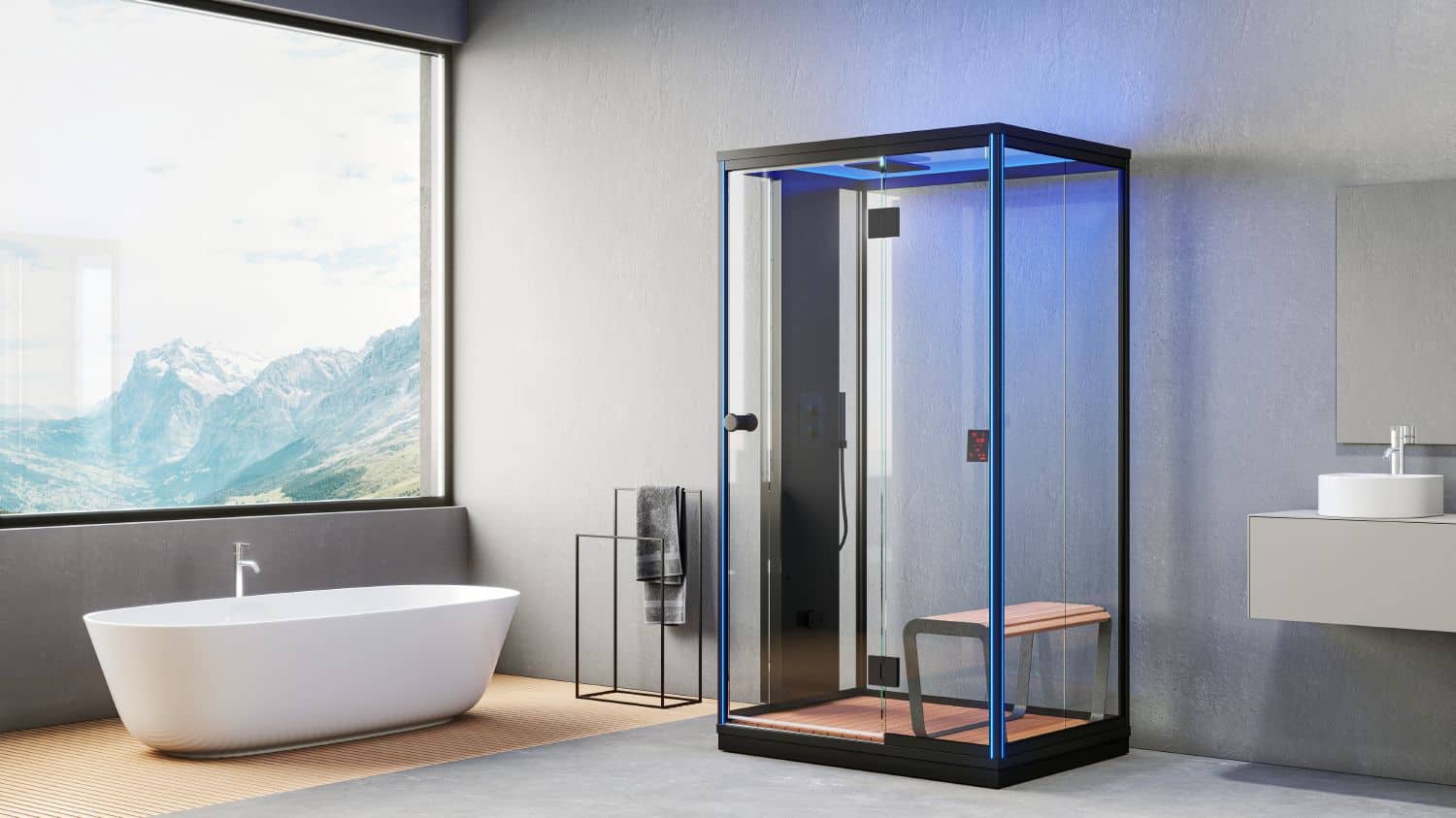 Design di una sauna in cabina moderna con bagno turco e vista panoramica sulle montagne. Zona wellness con vasca da bagno e ambiente relax.