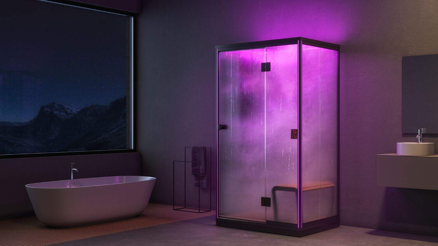 Aletex Pool Sagl (Ticino) - Idromassaggio esterno con illuminazione LED viola, bagno con vasca e grande finestra su montagne notturne, design moderno e rilassante.