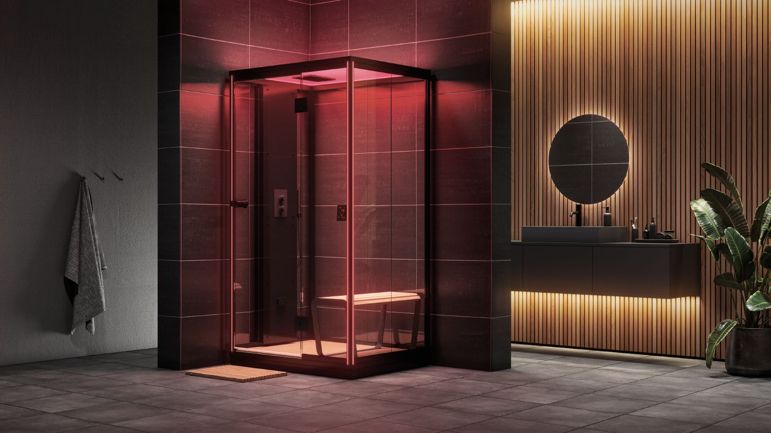 Vasca idromassaggio a secco, sauna o cabina a infrarossi in ambientazione moderna con piastrelle nere e pareti di legno caldo.