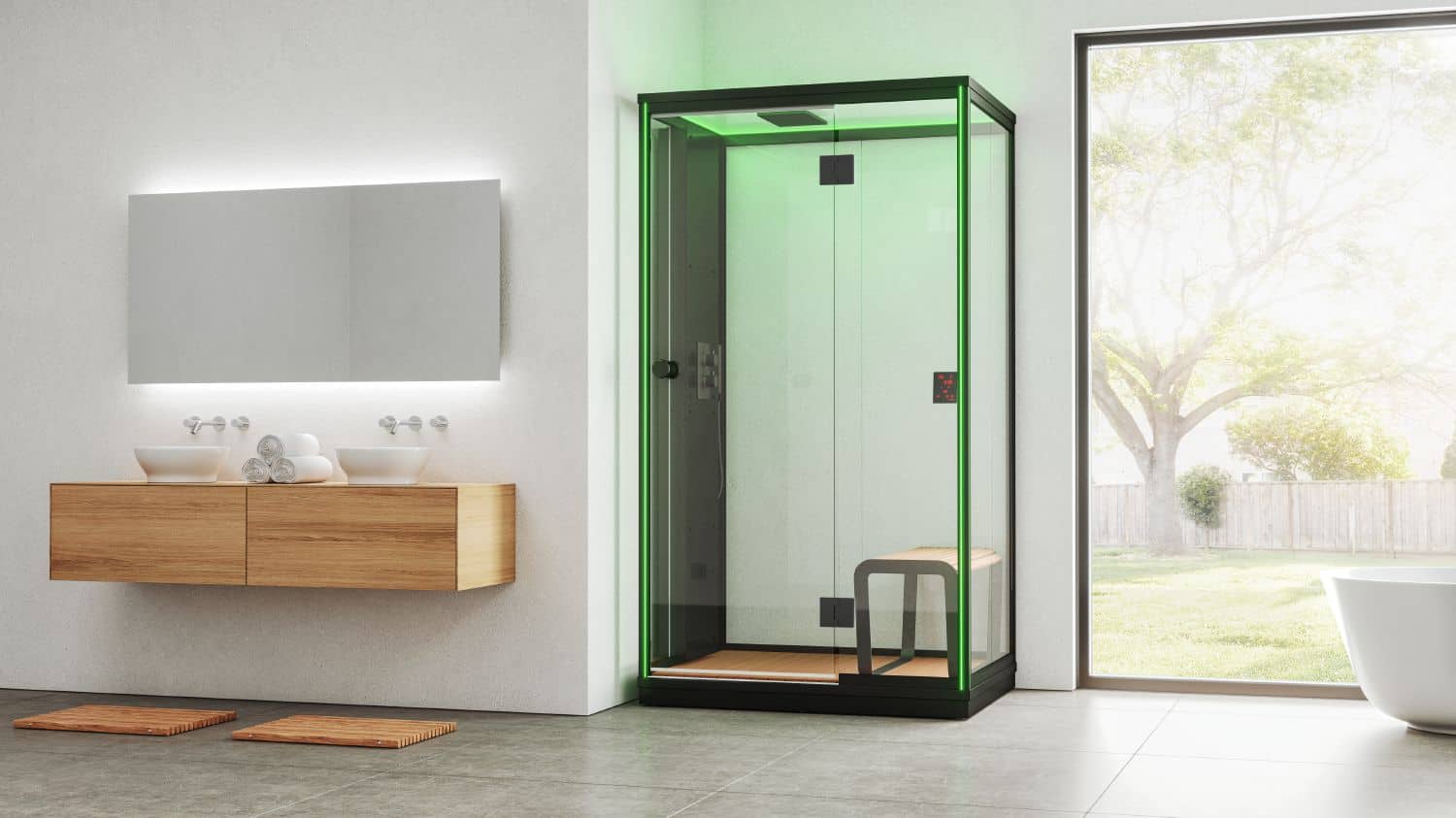 Bagno turco in cabina di vetro moderna, spazio wellness per relax e benessere in ambiente domestico.