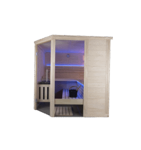 Alaska Corner-01 Piscina idromassaggio in legno con illuminazione soft, ideale per il benessere e il relax all'aperto.