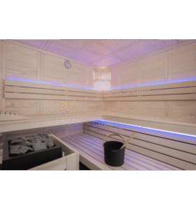 Alaska Corner-02 Relaxing sauna in a wooden wellness room with soft LED lighting.