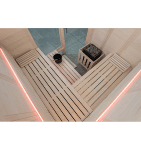Alaska Corner-03 Lettino sauna in legno all'interno di una sauna finlandese moderna.