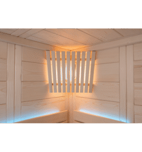 Alaska Corner-04 Elegante sauna in legno con illuminazione calda e design moderno, ideale per momenti di relax e benessere.