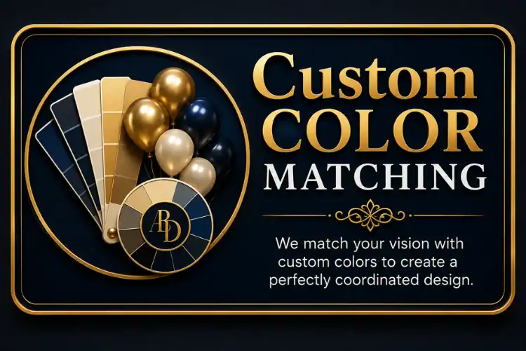 Balloon Decor Pricing Custom balloon color matching service by Atlanta Balloon Designer using premium balloon brands to accurately match corporate brand colors, school colors, sports teams, company logos, wedding palettes, and luxury event themes for a cohesive custom event design.
