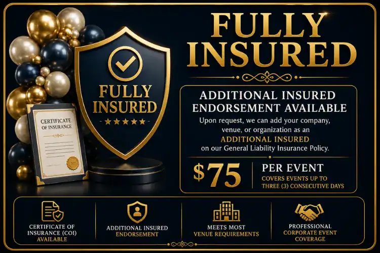 Balloon Decor Pricing Fully insured balloon decorating company in Metro Atlanta offering Certificates of Insurance (COI), Additional Insured endorsements, and professional liability coverage for Fortune 500 companies, schools, hospitals, universities, convention centers, hotels, and luxury event venues.