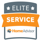 A badge with "Elite Service" in white on a gray background, orange banner with "HomeAdvisor" below.