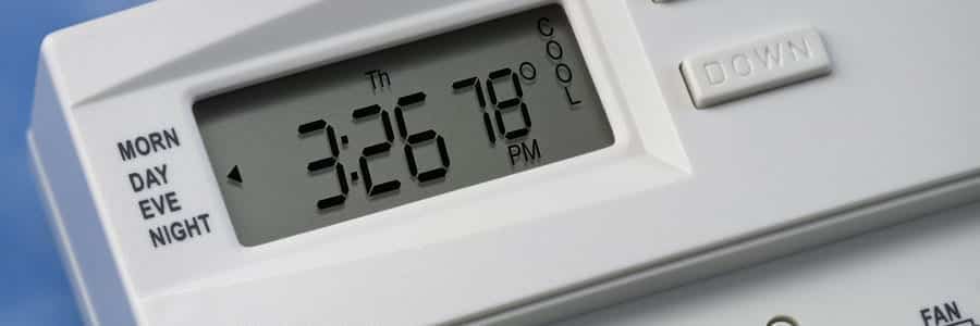 A digital thermostat displaying the time as 3:26 PM on a Thursday and the temperature setting as 78 degrees Fahrenheit.