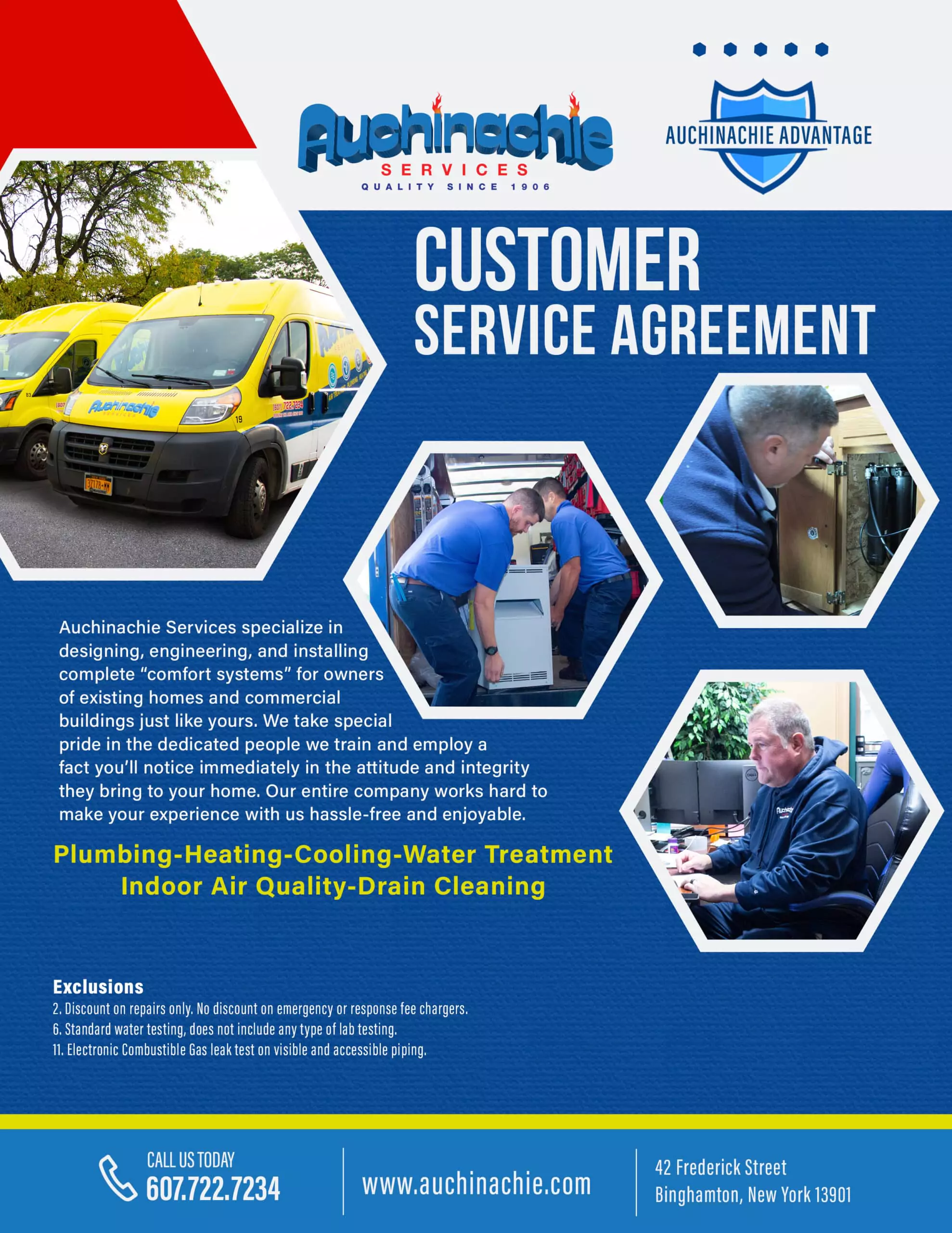 Flyer for Auchinachie Services featuring images of technicians, company vehicles, and a logo. Text highlights customer service agreement details for plumbing, heating, cooling, and indoor air quality.