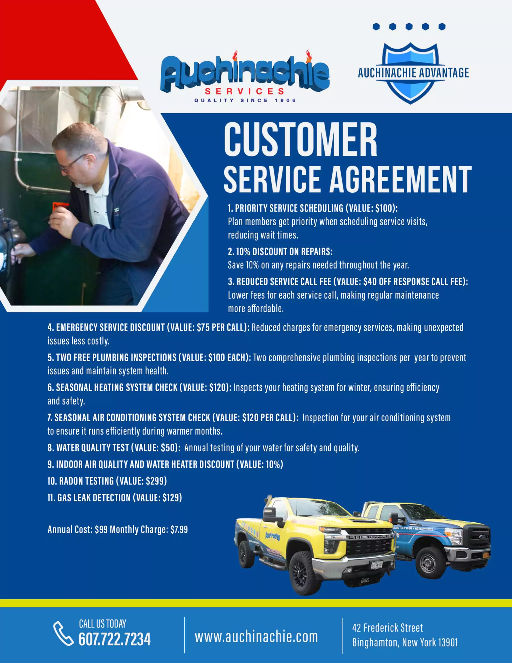 Flyer for Auchinachie Services' Customer Service Agreement, detailing benefits like discounts, inspections, and maintenance services for HVAC and plumbing systems. Contact info included.