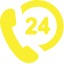 Yellow phone icon with "24" and a circular arrow, symbolizing 24-hour phone service.