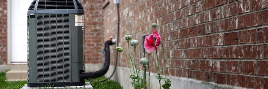 An outdoor air conditioning unit next to a red poppy flower growing by a brick wall on a grassy area.
