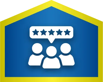 Three people icons with a five-star rating above them inside a blue and yellow house-shaped border.