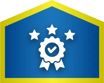 A white award ribbon with a check mark and three stars above it on a blue background with a yellow border.