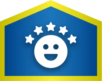A white smiling face with five stars above it on a blue background with a yellow border.